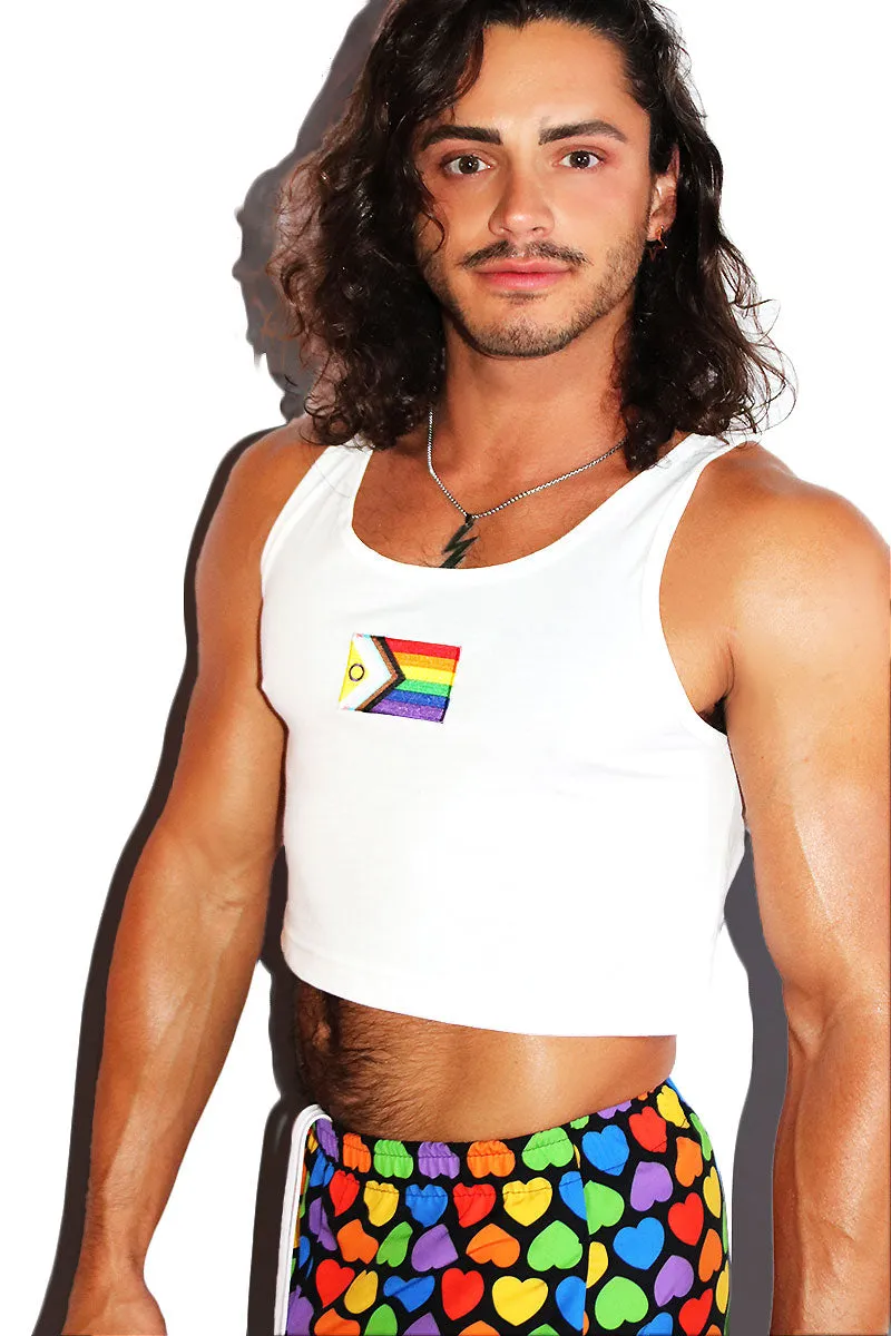 Newest Pride Flag Patch Crop Racerback Tank- White