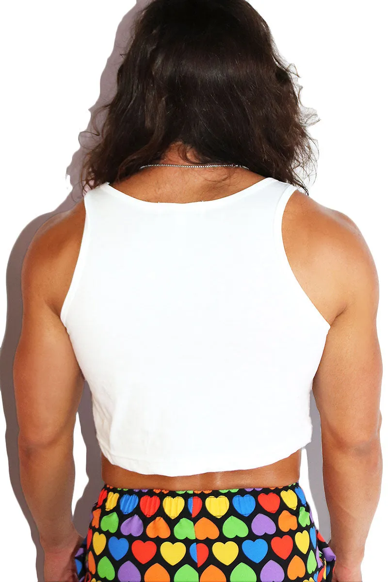 Newest Pride Flag Patch Crop Racerback Tank- White