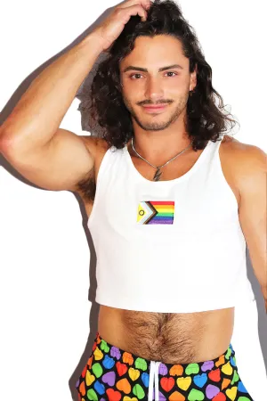 Newest Pride Flag Patch Crop Racerback Tank- White