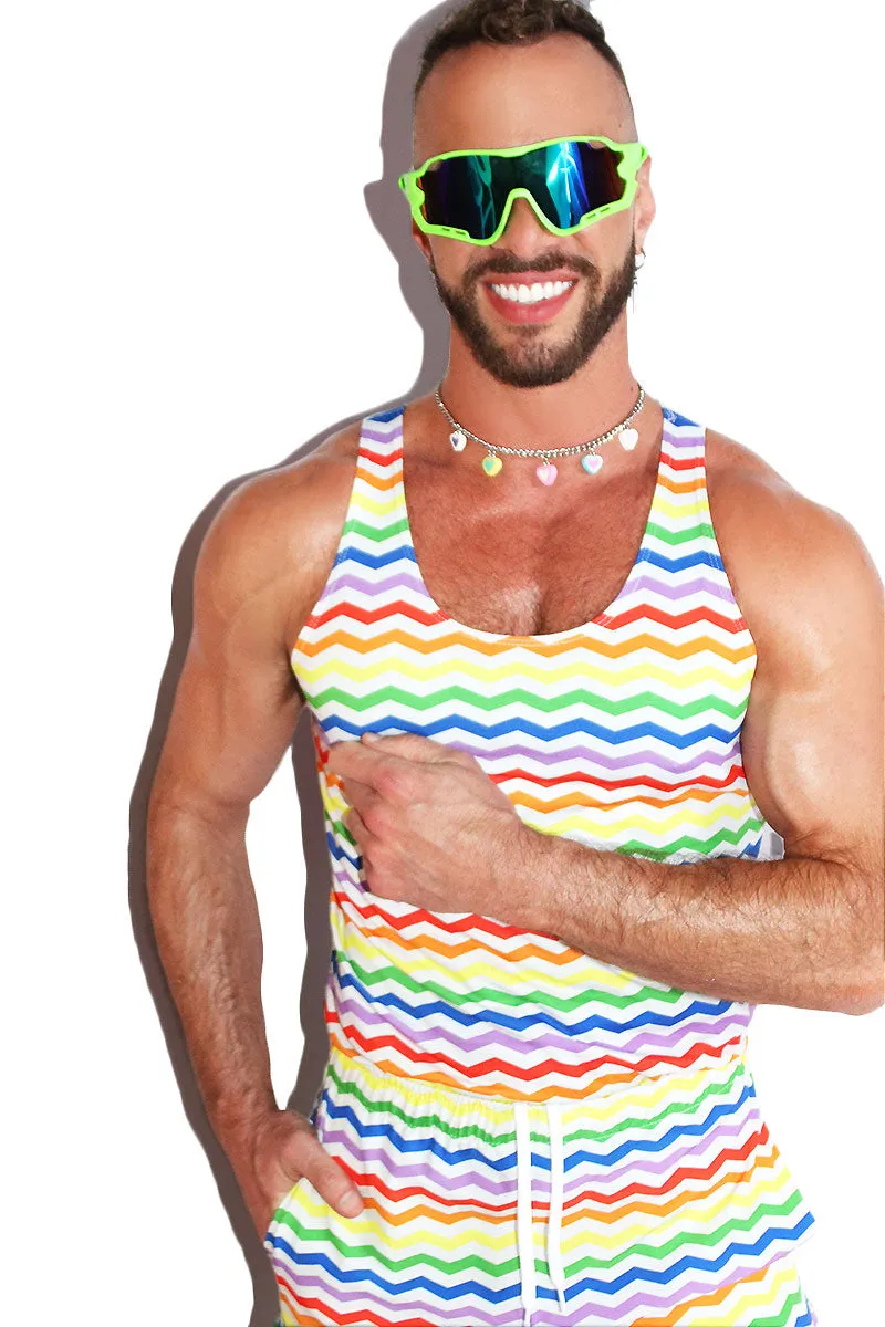 Rainbow Chevron All Over Print Racerback Tank- White