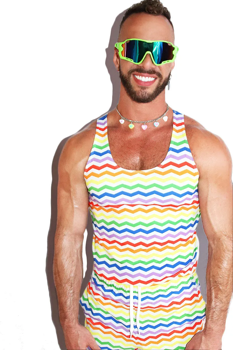 Rainbow Chevron All Over Print Racerback Tank- White