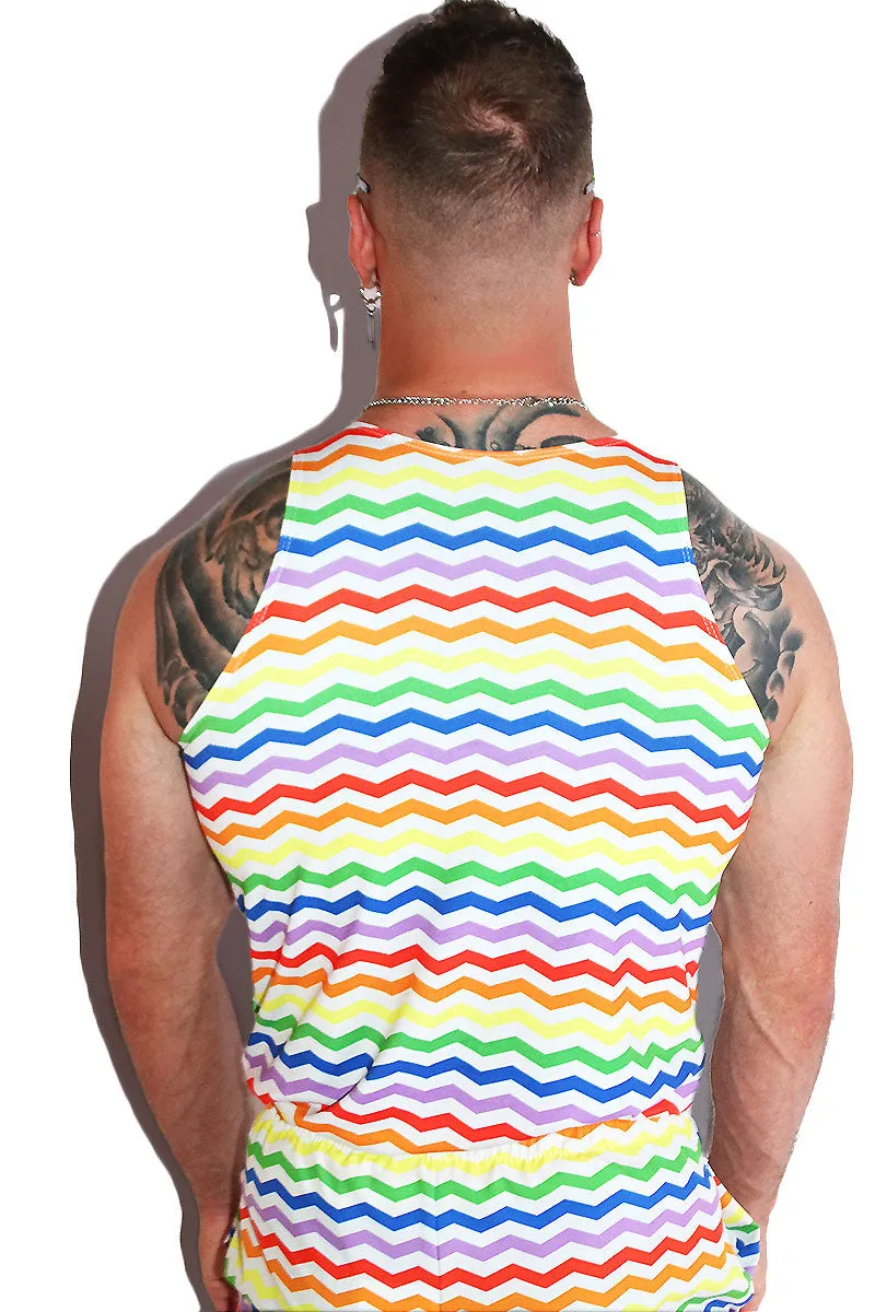 Rainbow Chevron All Over Print Racerback Tank- White