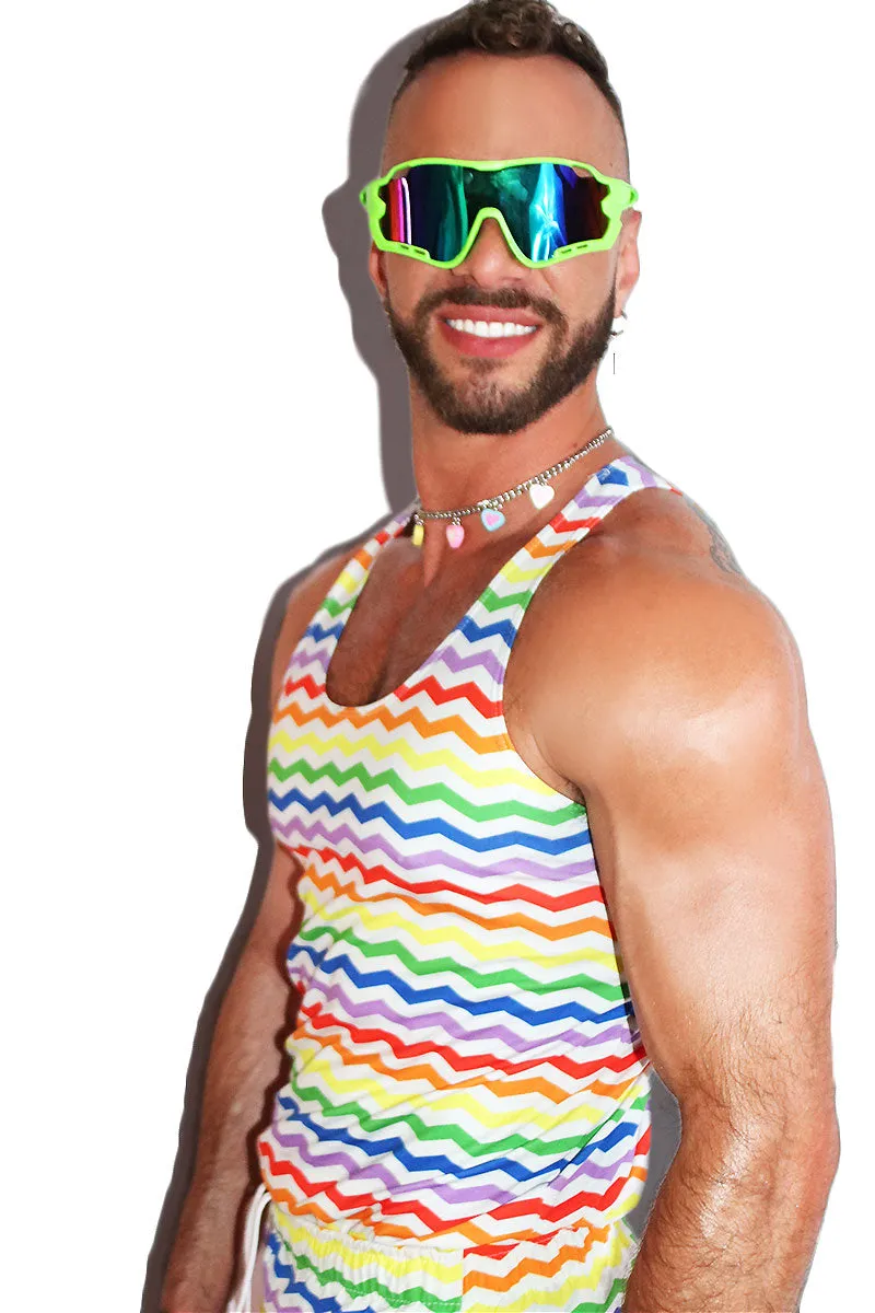 Rainbow Chevron All Over Print Racerback Tank- White