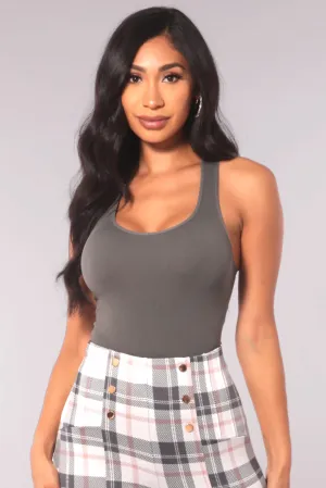 Rib Knit Racerback Fitted Tank Tops - Gray