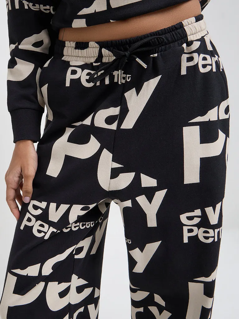 Studiofit Black Typographic High-Rise Cotton Track Pants