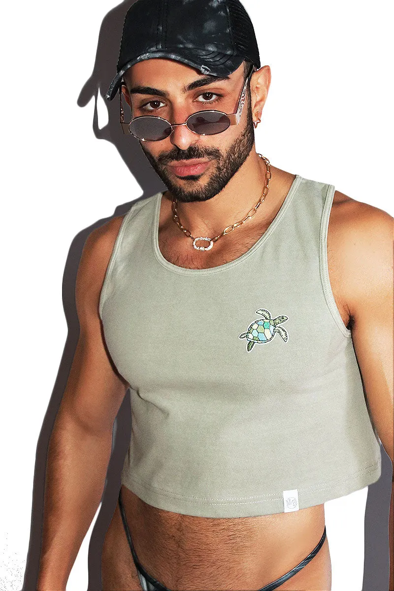 Turtle Surfer Crop Racerback Tank- Tan